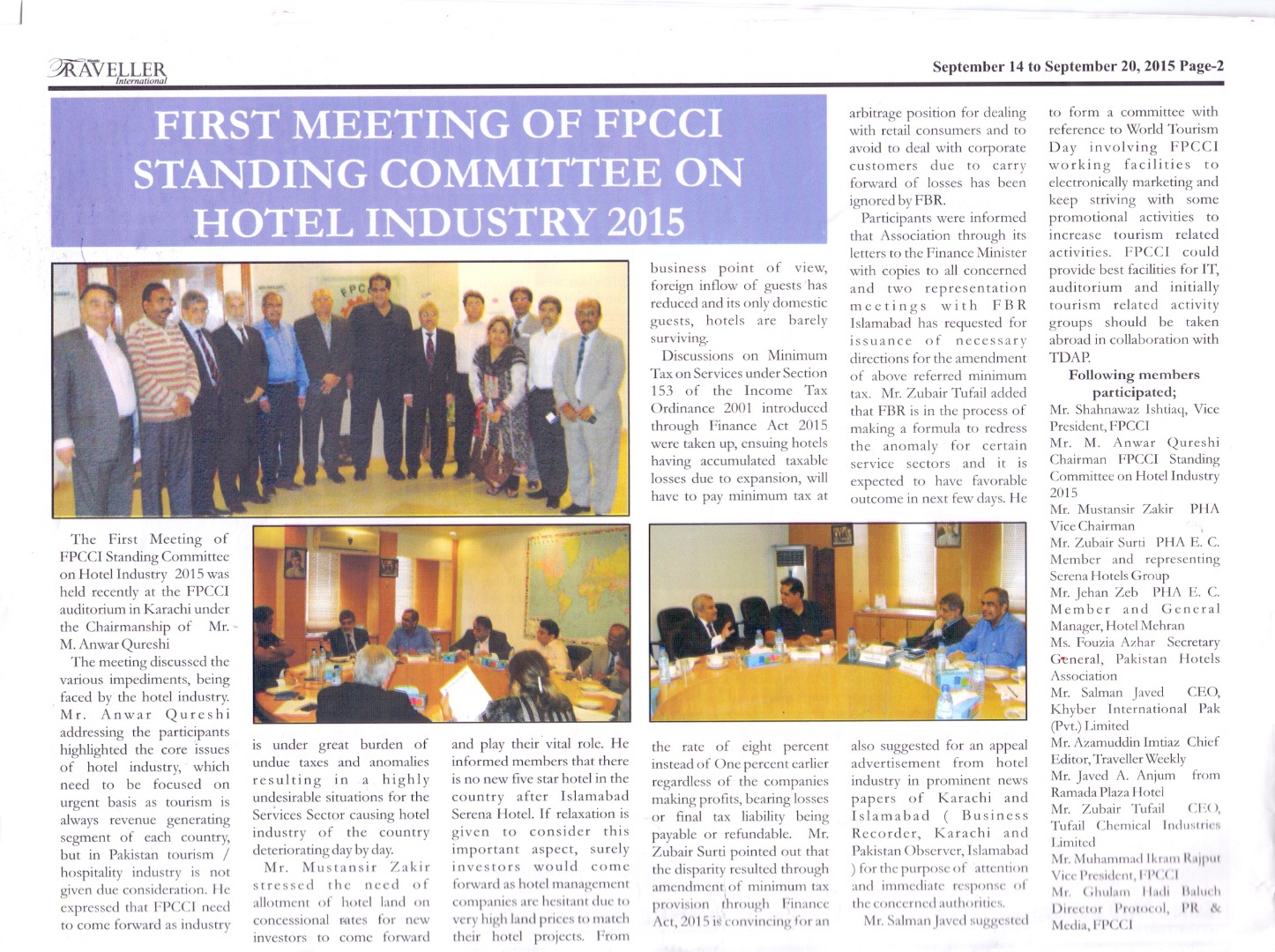 PHA held FPCCI Standing Committee on Hotel Industry Meeting on 3rd September, 2015 at FPCCI, Karachi