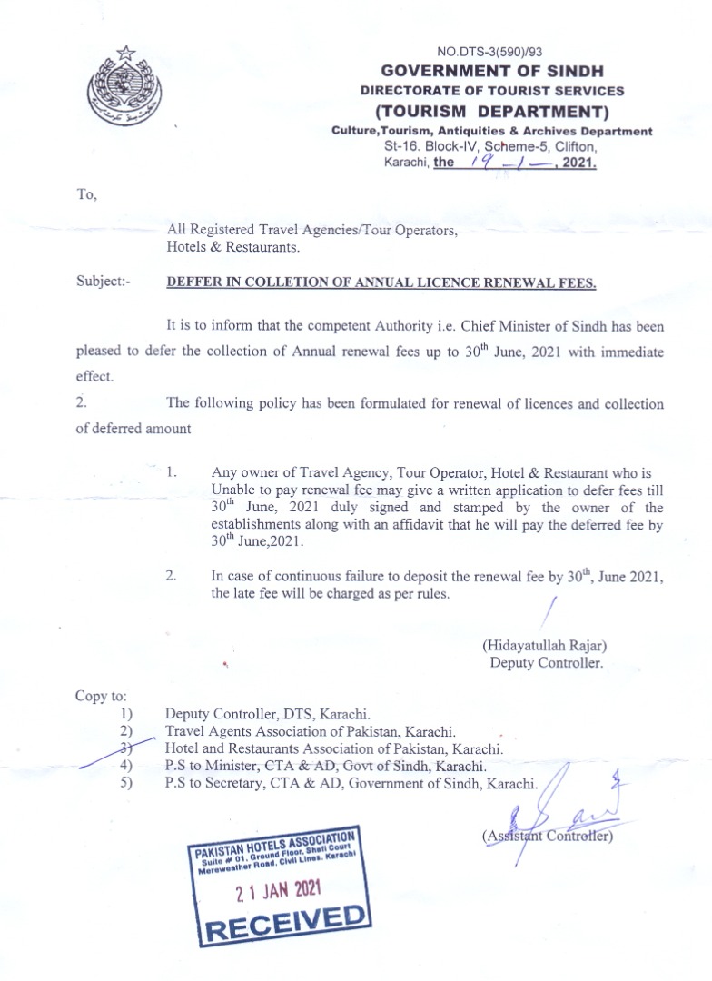 Defer in Payment of Annual License Renewal Fee for Hotels in Sindh Province